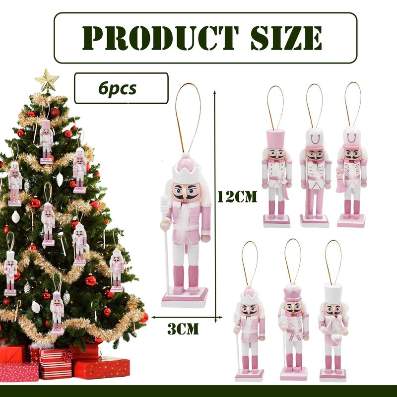 6p 12cm Pink Wooden Christmas Nutcracker Soldiers,Pink Christmas Ornaments,Christmas Tree