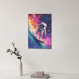 Astronaut Canvas Wall Art Universe Astronaut Surfing Pictures Painting Decor Modern Framed Artwork Prints for Home Bedroom Bathroom Living Room Office 16"x24"