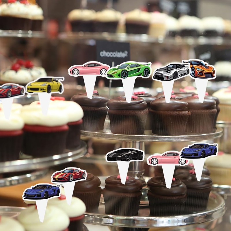 Lyosehy 48PCS Race Car Cupcake Toppers - 8 Designs, 6pcs