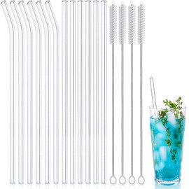 Reusable Glass Straws Pack of 16 - 6 Straight Glass Straws and 6 Curved Straws Glass 21.5 cm with 4 Cleaning Brushes, Suitable for Bubble Tea, Slush, Cocktail, Juices