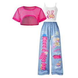 Floerns Girl's 3 Piece Summer Street Outfits Cartoon Camisole Wide Leg Denim Pants with Mesh Crop Tops Hot Pink 9Y