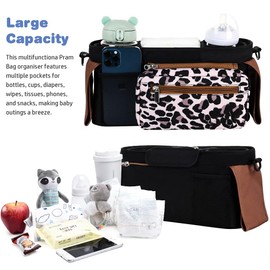 NARUTOO Baby Pram Bag Stroller, Baby Stroller Organizer - Detachable Phone Bag & Shoulder Strap, Buggy Organiser with 2 Insulated Cup Holder,Buggy Organiser Bag with Shoulder Strap&Non-Slip Secure Hooks (Leopard)