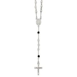 Sterling Silver Polished Black Crystal Rosary Necklace