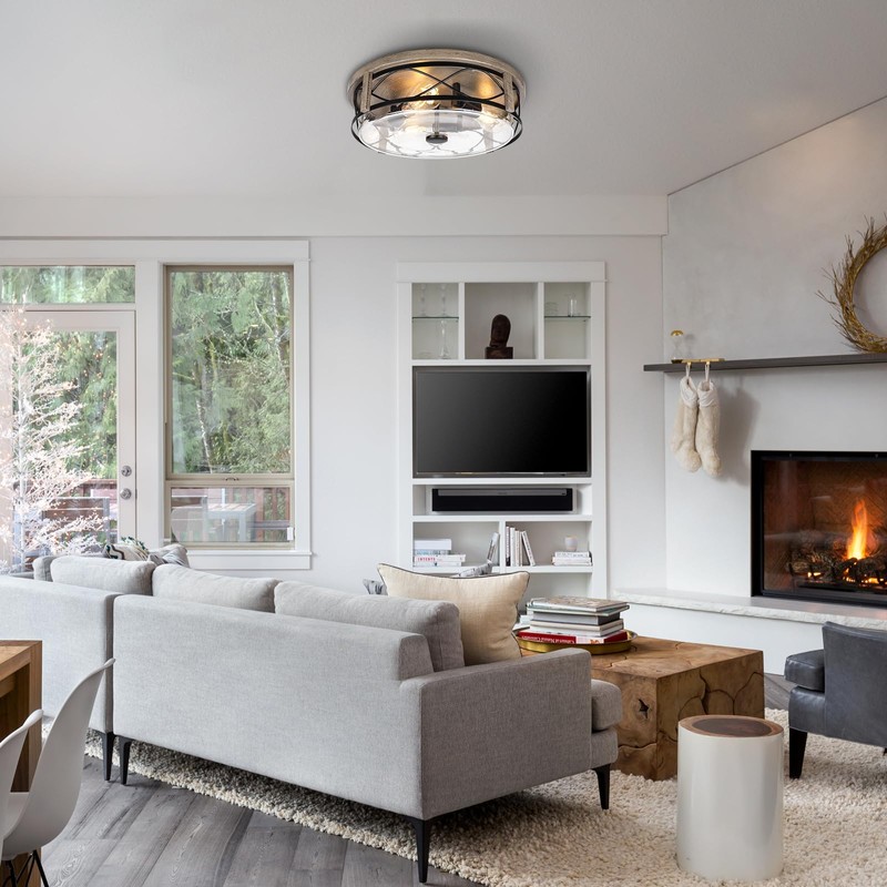 16 Inch Farmhouse Flush Mount Ceiling Light With Seeded Glass,