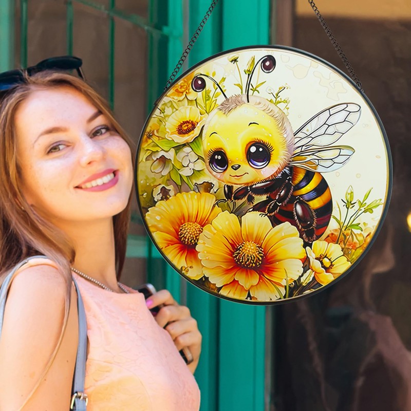 ZUSANG Bee Decor Sun Catcher Stained Glass Window Hanging, 9.8''
