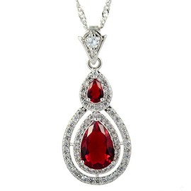 RIZILIA Pendant with 45cm(18") Chain & Pear Cut Gemstones CZ [Red Ruby] in 18K White Gold Plated, Simple Modern Elegance