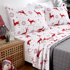 CAROMIO Christmas Bed Sheets King, Soft Brushed Microfiber Bed Sheet Set, 16 Inches Deep Pocket Fitted Sheet Winter Holiday Sheets Set (Red Reindeer, King)