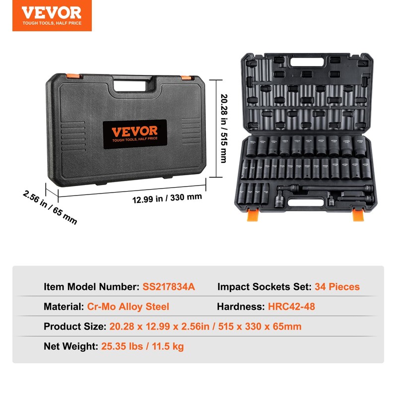 VEVOR 1/2" Drive Impact Socket Set, 34 Piece Socket Set