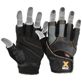 MRX Leather Weight Lifting Gym Gloves Cross Power Lifting Fitness Exercise Bodybuilding Workout with Free Bar Strap Black,Orange(Large)