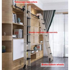 DIYHD 8FT Sliding Library Ladder Black Track Kit,Stand Up Tensible Rolling Hardware,Brake Bottom Wheels