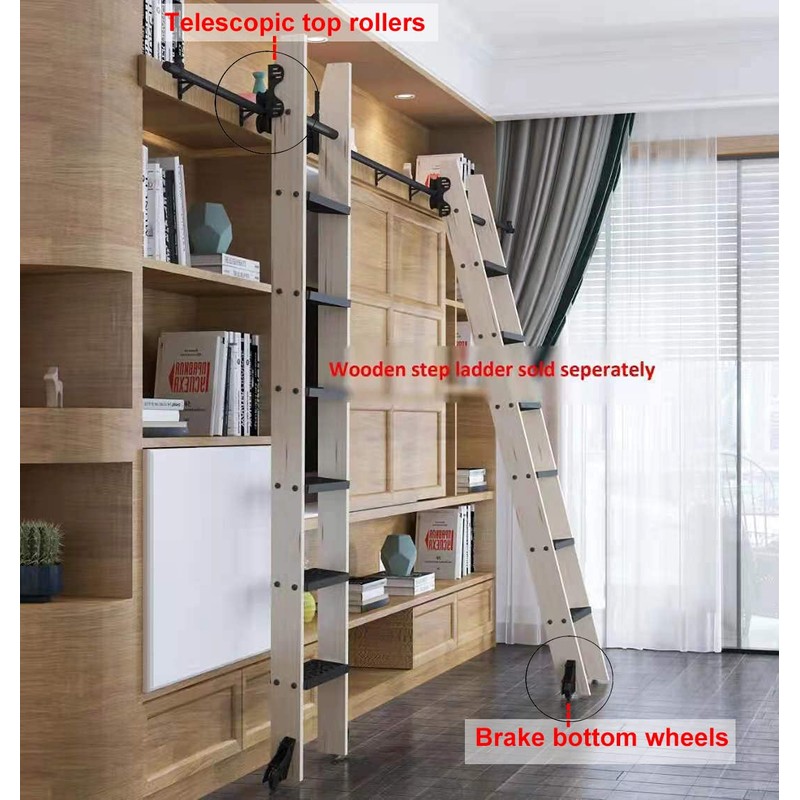DIYHD 8FT Sliding Library Ladder Black Track Kit,Stand Up Tensible