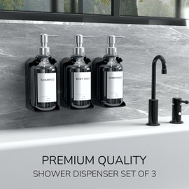 Stylish Shampoo and Conditioner Dispenser Wall Mount Set of 3 - No Drill 16oz Shower Soap Dispenser Wall Mounted 3 Chamber with 6 Labels, Easy to Refill Shampoo Dispenser for Shower Wall - Clear