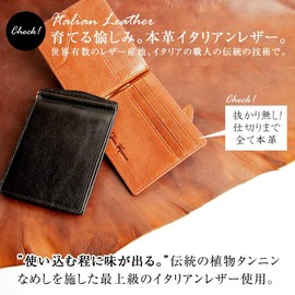 Dom Teporna Men's Money Clip with Coin Purse, Genuine Italian Leather, Thin, Bifold Wallet, Card Case, darkbrown