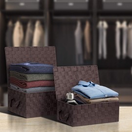 Sorbus Storage Box Woven Basket Bin Container Tote Cube Organizer Set Stackable Storage Basket Woven Strap Shelf Organizer Built-in Carry Handles (Woven Lid Baskets - Chocolate)