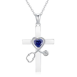 CCmfgjew Gifts for Nurse Stethoscope Necklace 925 Sterling Silver Birthstone Cross Pendant Nursing Themed Jewelry Nurses Day Christmas Gifts for Women Doctor Medical Student (09-Sapphire-Sep.)