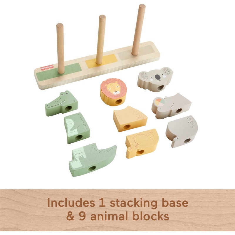 Fisher-Price Wood Baby Toy Stack & Sort Animals, 10 Wooden