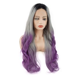 Meiyite Hair Wavy Long 26inch Dark Root Grey Purple Ombre Half Hand Tied Heavy Density Realistic Synthetic Lace Front Wig