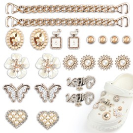 Wefaly Shoe Charms, Pack of 22 Shoe Charms, Golden Rhinestones, Badges, Glitter Charms, DIY Removable Accessories, Flowers, Shoe Jewellery, Pearl Shoe Pin for Girls, Women, Children