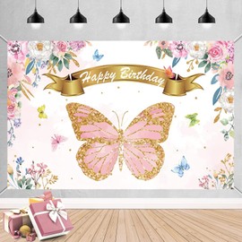 Butterfly Happy Birthday Party Backdrop Decorations Watercolor Girl Banner Spring Themed Birthday Party Photography Background Pink Butterfly Party Banner Supplies Decor