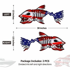 15" W x 38" L Large Size Boat Skeleton Fish Decals - Marine American Flag Fishing Decal Shark Bone Decoration Stickers Graphics Accessories for Ship Canoe Kayak Car RV SUV, Left & Right, 2 Pcs
