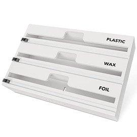 SpaceAid WrapNeat 3 in 1 Wrap Organizer with Cutter and Labels, Plastic Wrap, Aluminum Foil and Wax Bamboo Dispenser for Kitchen Storage Organization Holder for 12" Roll (White)