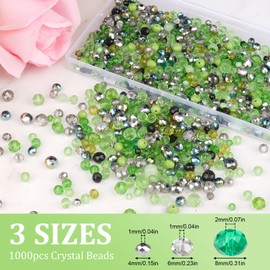 WINKIO Beads for Threading, 1000 Pieces Green Faceted Beads with Tweezers, 4 mm/6 mm/10 mm Crystal Beads for Threading Jewellery Making, DIY Necklaces, Earrings