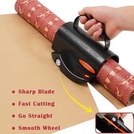 Wrapping Paper Cutter with 3 Replaceable Blades | Gift Wrap Cutter with Handle and Wheels | Birthday and Christmas Wrapping Paper Cutter Slider for Any Roll Size (Black)