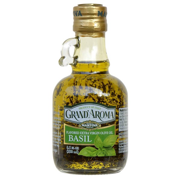 Mantova Grand’Aroma Basil Flavored Extra Virgin Olive Oil, made in Italy, cold-pressed, 100% natural, heart-healthy cooking oil perfect for salad dressing, pasta, garlic bread, meats, or pan frying, 8.5 oz (Pack of 2)