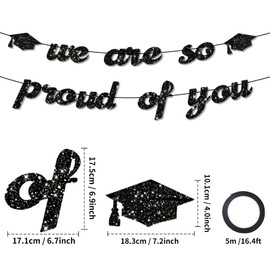 BATHRINS We Are So Proud Of You Banner Black Glittery Congratulations Banner with Gold Foil Curtain Backdrop,Graduation Cap, Graduation Decorations Hanging Garland for Graduations Retirement Party