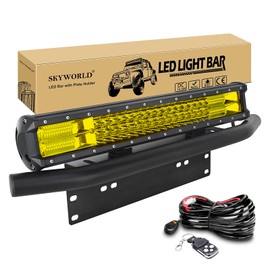 SKYWORLD 20 inch 288W Car Led Light Bar with 12V Strobe Wiring Harness Kit, Aluminum License Plate Mounting Bracket Holder for Off Road Truck SUV 4x4, 3000K Yellow Driving Fog Lights