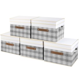 TYEERS Collapsible Storage Bins with Lids, Patchwork Design, Washable, Fabric Storage Boxes for Organizing, 14.9x9.8x9.8 inches, 5 Pack, Gray