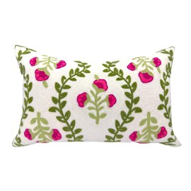 Alysheer Flower Embroidered Summer Decorative Lumbar Throw Pillow Cover 12"x 20", Farmhouse Cottage Hot Pink Floral Green Leaves Patterned Cotton Canvas Cushion Case for Sofa Couch Bed Living Room