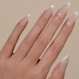 Frinail French Tip Press On Nails - 30 Pcs 15 Sizes White Press On Nails Almond Medium,Chrome Fake Nails with Glue, Natural Reusable Stick on Artificial Nails with Design