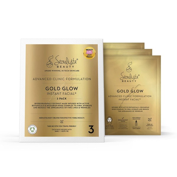 Seoulista Beauty Advanced Clinic Formulation Gold Glow Instant Facial 3 Pack - Anti-Ageing Face Mask -With Bulgarian Rose Oil, Vitamin C, Niacinamide - Dermatologist Created - Globally Award Winning