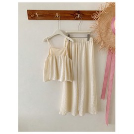 Verdusa Girl's 2 Piece Summer Textured Outfits Ruffle Camisole Tops with Wide Leg Pants Set Apricot 8 Years