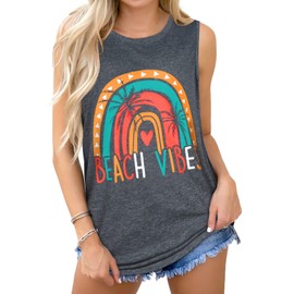 Summer Tank Tops for Women Graphic Rainbow Sleeveless Casual Loose Blouse(Deep Gray Beach, L)