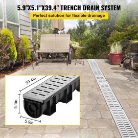VEVOR Trench Drain System, Channel Drain with Metal Grate, 5.9x5.1-Inch HDPE Drainage Trench, Black Plastic Garage Floor Drain,color: Silver