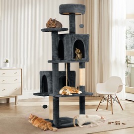 TSCOMON 58.5inch Large Cat Tree Tower Condo for Indoor Cats, Soft Plush Multi-Level Climbing Tree Cat House with 1 360° Rotating Cat Cave, Scratching Post, More Entrance/Exit, Sisal Rope, Smoke Gray
