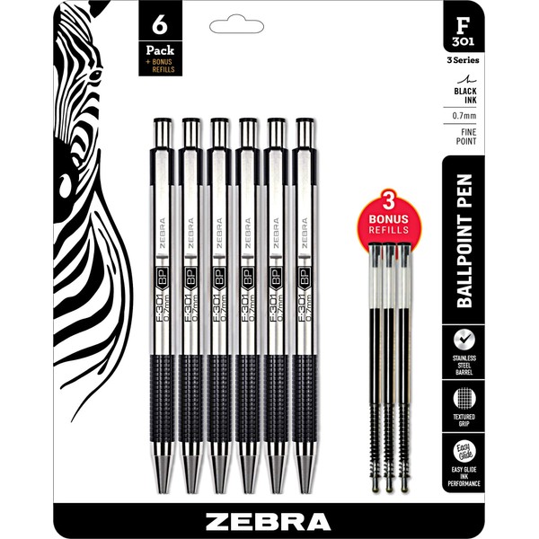 Zebra F-301 Ballpoint Stainless Steel Retractable, 0.7mm, Black Ink, Combo Pack of 6 BLACK INK Metal Pens with 3 BLACK INK REFILLS, 0.7mm fine point pens with Pen Refill