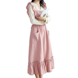 TOWYYO Women's Apron, Cute, Stylish, Frill, Pocket, Shoulder Bag, Kitchen, Cafe Style, Cooking Class, Cotton, Long Length, Solid, Scandinavian Style, One-piece Type, Pink, Pink