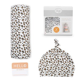 Lulujo Birth Announcement Hat & Swaddle Blanket Set| Unisex Softest Bamboo Muslin Baby Swaddle Blanket|Receiving Blanket | 47in x 47in| Bamboo Knot Hat | Hello! Birth Announcement Sticker Leopard