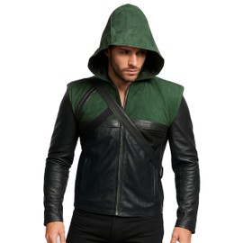 LP-FACON Mens Superhero Cosplay Green Removable Hooded Costume Real Leather Jacket