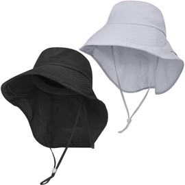 2 Pack Womens Outdoor Ponytail Sun Hat with Neck Flap,UPF 50 UV Protection Wide Brim Summer Fishing Hat for Beach Hiking (US, Alpha, One Size, Black ＆ Light Grey)