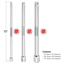 Ingersoll Rand 3-Piece Extension Bar Set with Storage Tray, 10-Inch Chrome Vanadium Extensions in 1/4", 3/8", and 1/2" Drive with Reusable Storage Tray, Mirror-Polished Finish - 752056