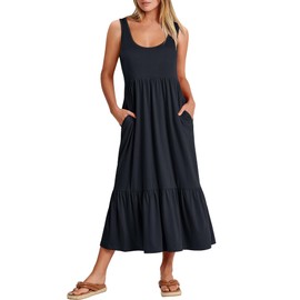 ANRABESS - Vestido de verano para mujer, sin mangas, estilo casual, con escalones, para playa, con bolsillos, Azul marino, M
