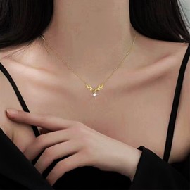 Xmsrn Vintage Crystal Deer Antler Choker Necklace Gold CZ Elk Head Pendant Necklace Rhinestone Deer Antlers Choker Cute Animal Necklace Chain For Women, Zinc, No Gemstone