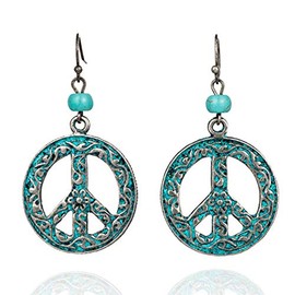 Vintage Antique Silver Round Peace Love Sign Symbol Hook Earring Hollow Carved Flower Drop Earring For Women Retro Jewelry-blue