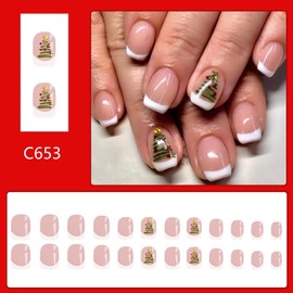 TBRZTR Christmas White French Press on Nails Short Square False Nails with Christmas Tree Design Full Cover Glossy Glue on Nails Xmas Acrylic Nails Reusable Stick on Nails for Women Festival Nails