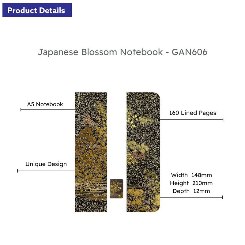 V&A Japanese Golden Leaves Design A5 Luxury Notebook (14.8 x