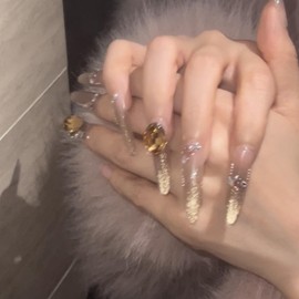 Elegant Extra-Length Press On Nails - Gorgous False Nail Tips Gold Colour Easy to Wear Reusable 5+ Times Nail (GoldM, Short)